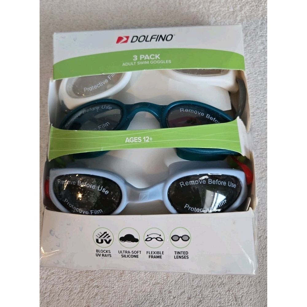 Dolfino 3 Pack Adult Swim Goggles Multicolor Ages 12 + (NEW) Open Package